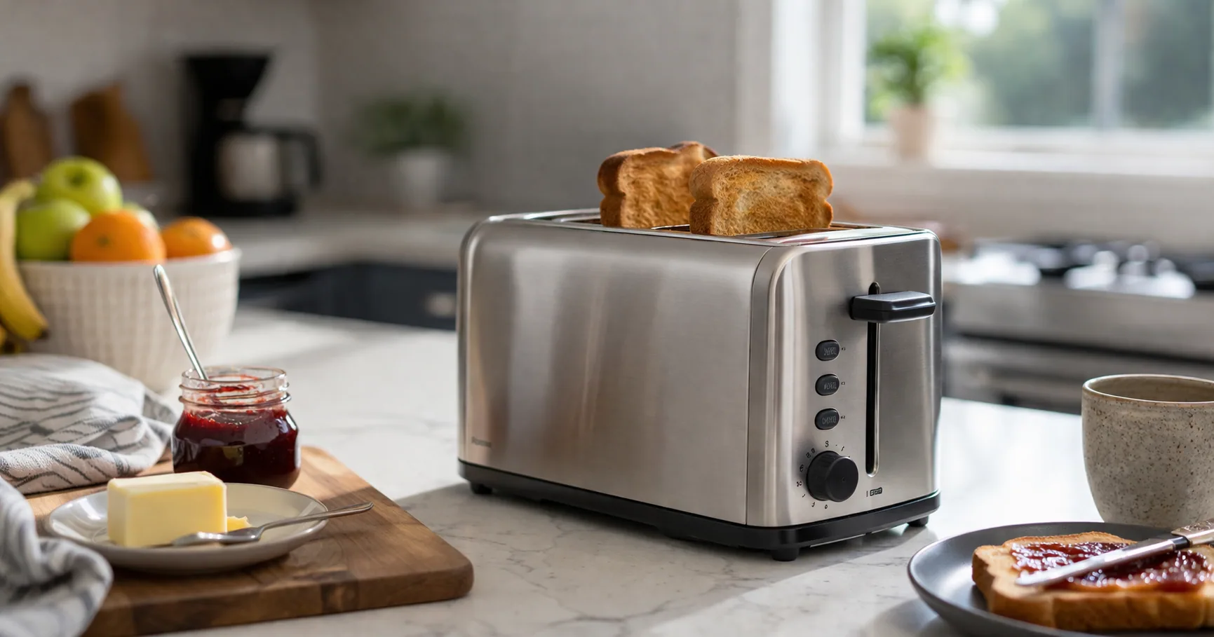 Five toasters lined up on a kitchen counter with slices of bread