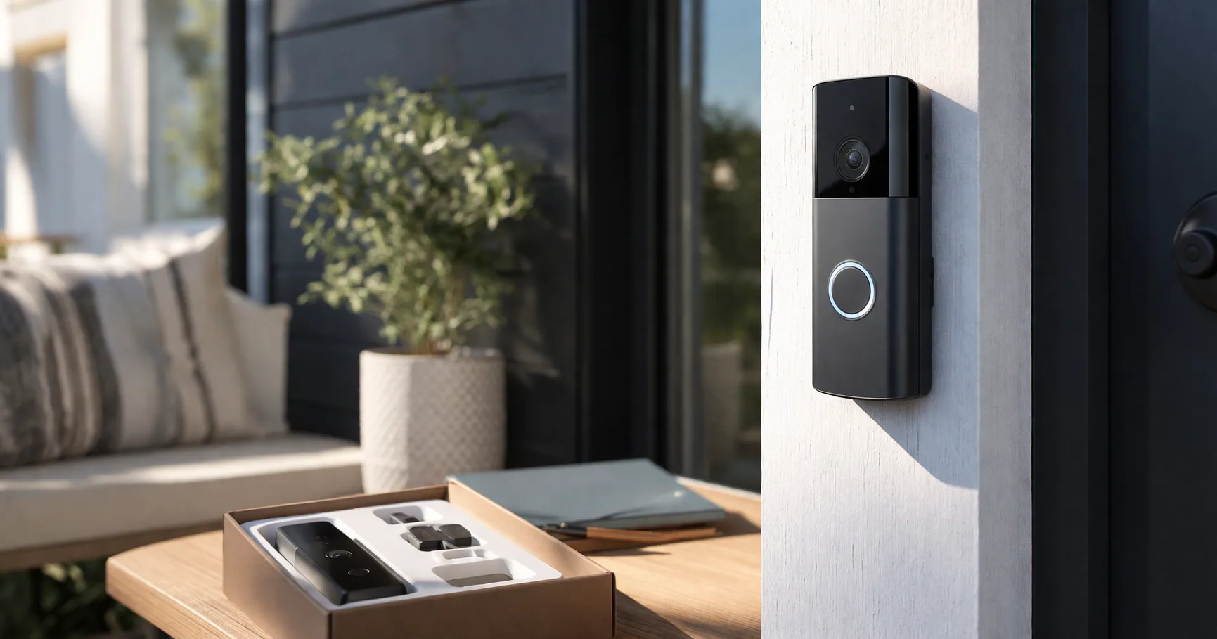 A video doorbell mounted beside a front door of a home
