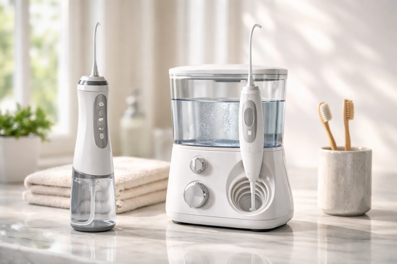 A countertop water flosser and two cordless flossers arranged on a bathroom sink