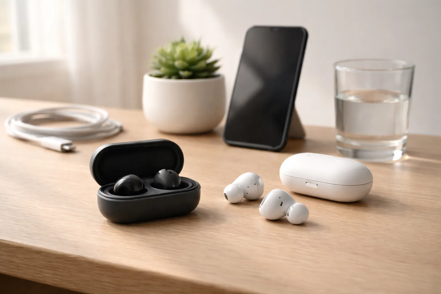 Several wireless earbud cases lined up on a desk showing budget Bluetooth earbuds