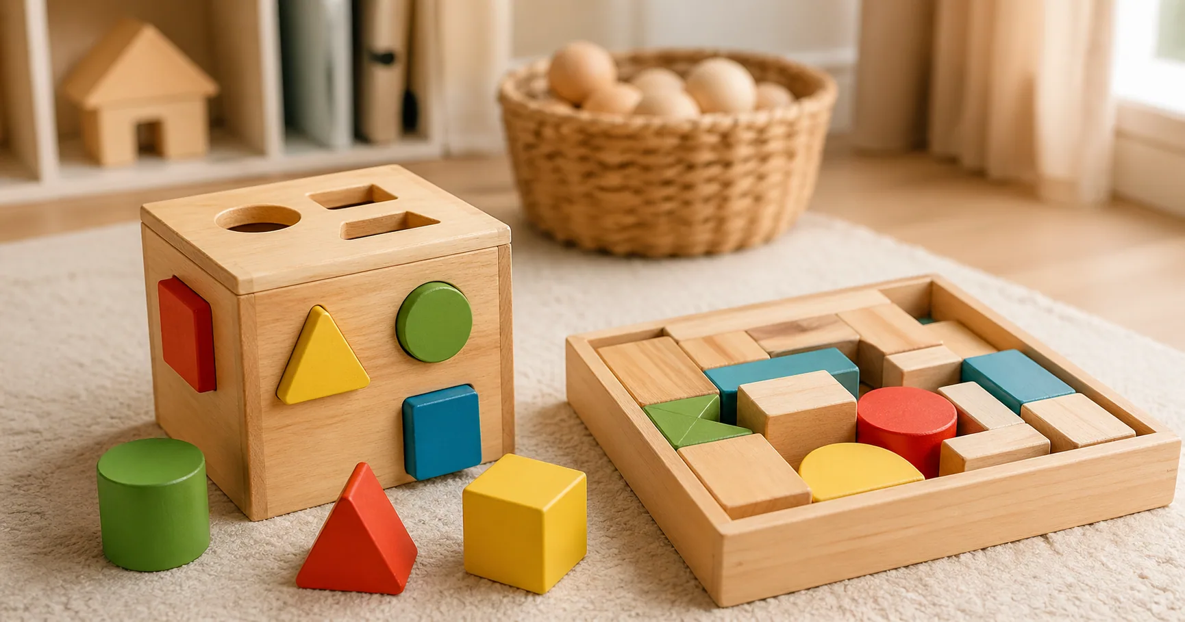 Wooden shape sorter, blocks, and pounding bench arranged on a play mat for toddlers