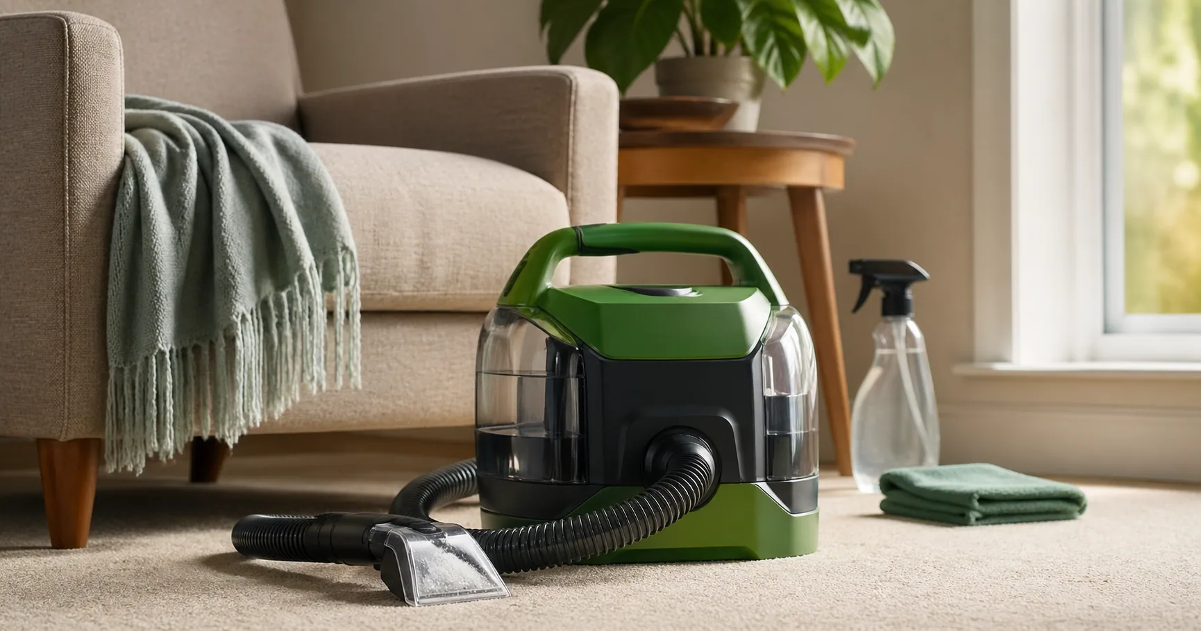Bissell Little Green portable carpet and upholstery spot cleaner on a living room rug