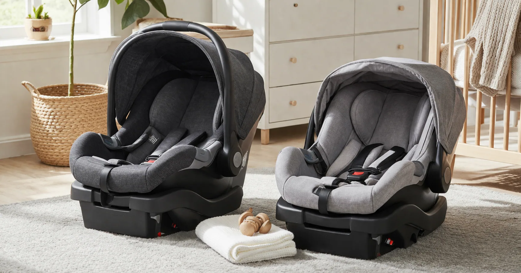 Two rear-facing infant car seats with bases positioned side by side in a nursery