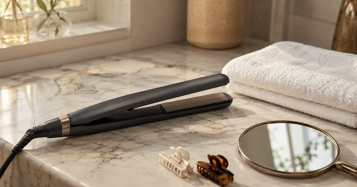 Generic wet-to-dry hair straightener on a marble bathroom counter beside a towel and mirror