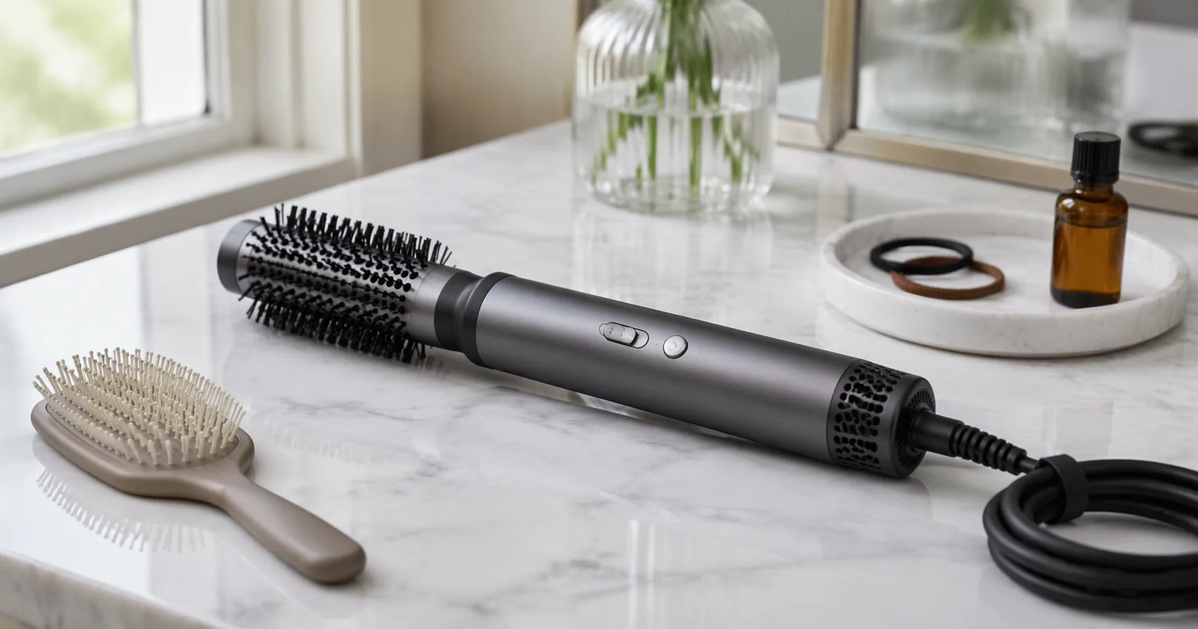 Dyson Airwrap styler with its barrel attachments laid out on a bathroom counter next to a Shark FlexStyle