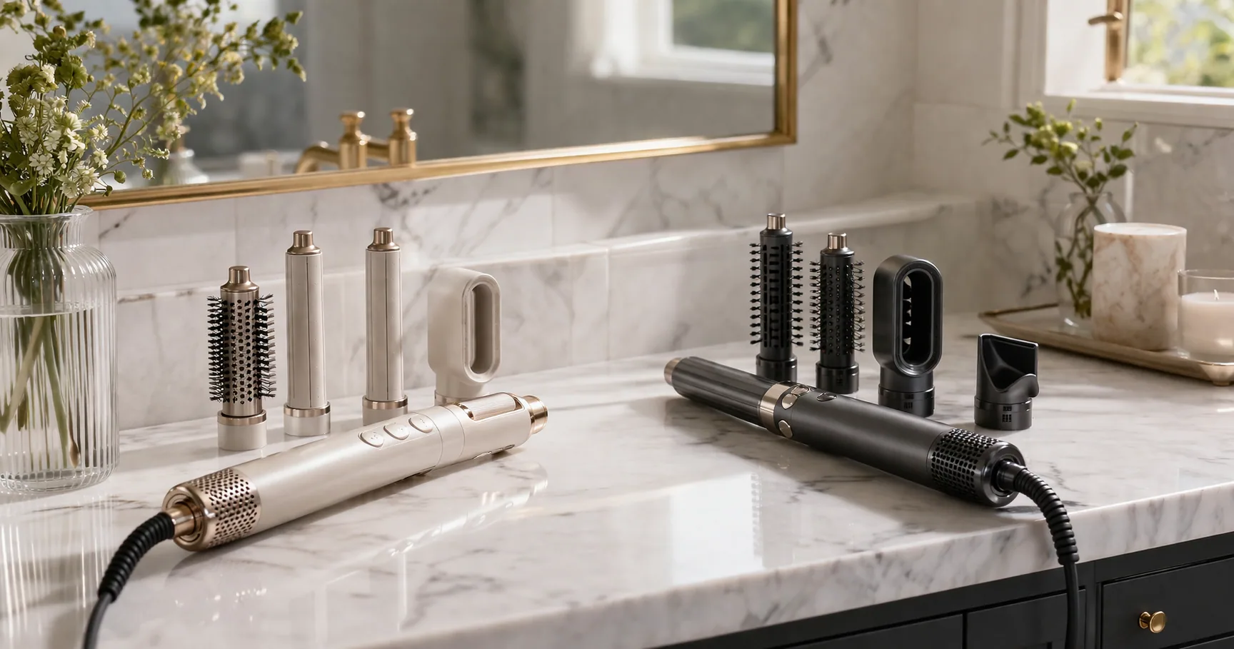 Dyson Airwrap and Shark FlexStyle multi-stylers side by side on a bathroom counter