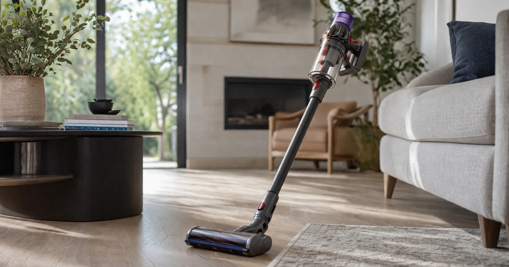 A cordless stick vacuum standing upright on a hardwood living room floor