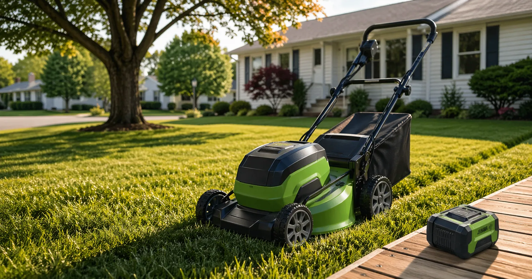 EGO Power+ cordless lawn mower on a suburban backyard lawn