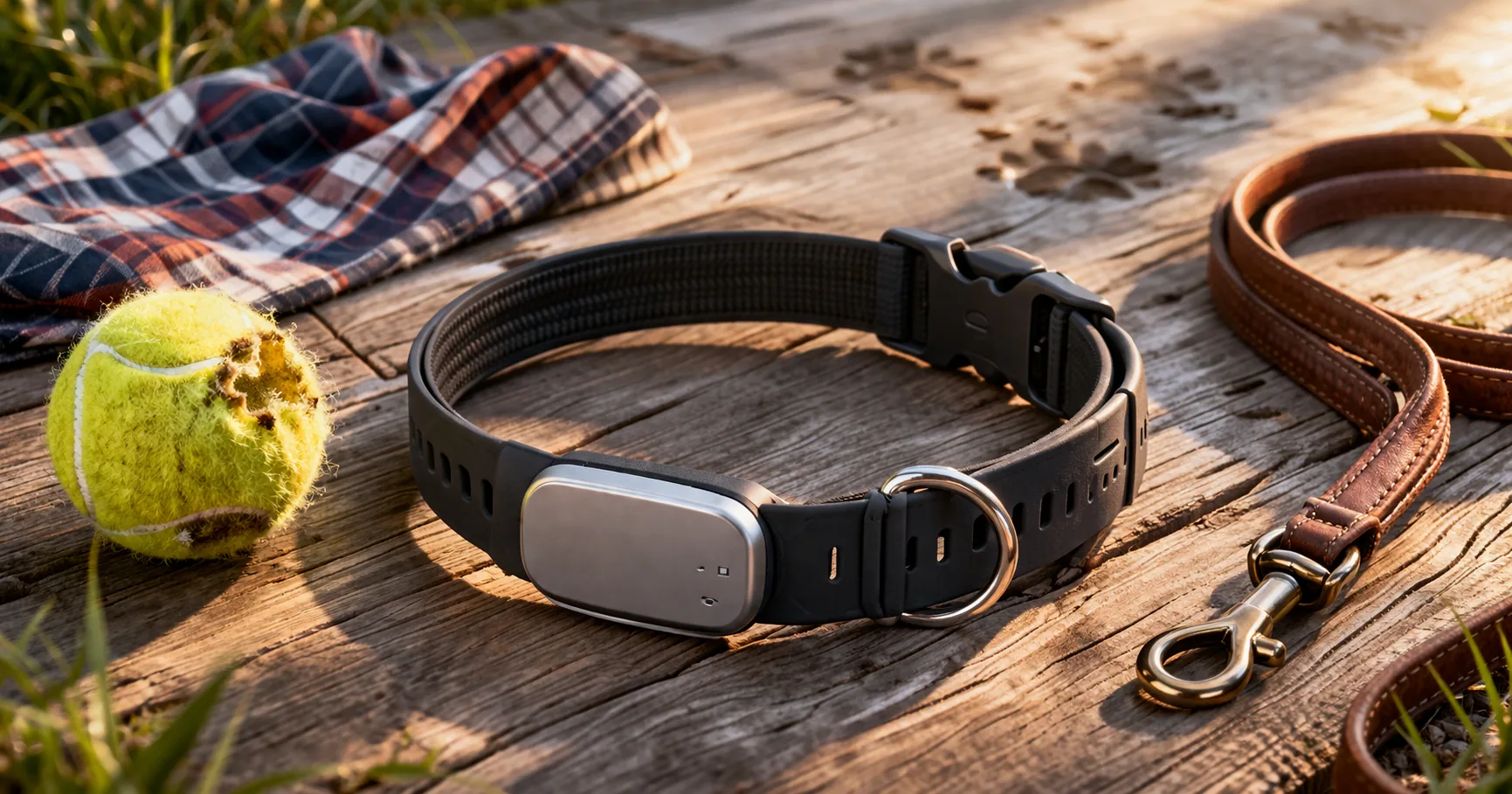 Fi smart GPS dog collar on an active dog in a grassy backyard with the companion app on a phone nearby