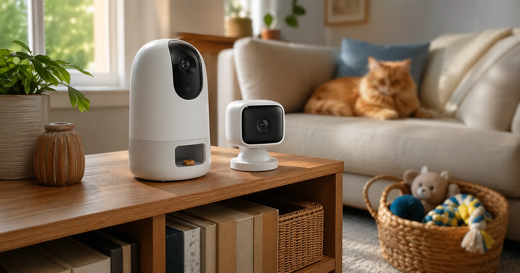 Furbo 360 dog camera and Petcube Cam side by side on a shelf
