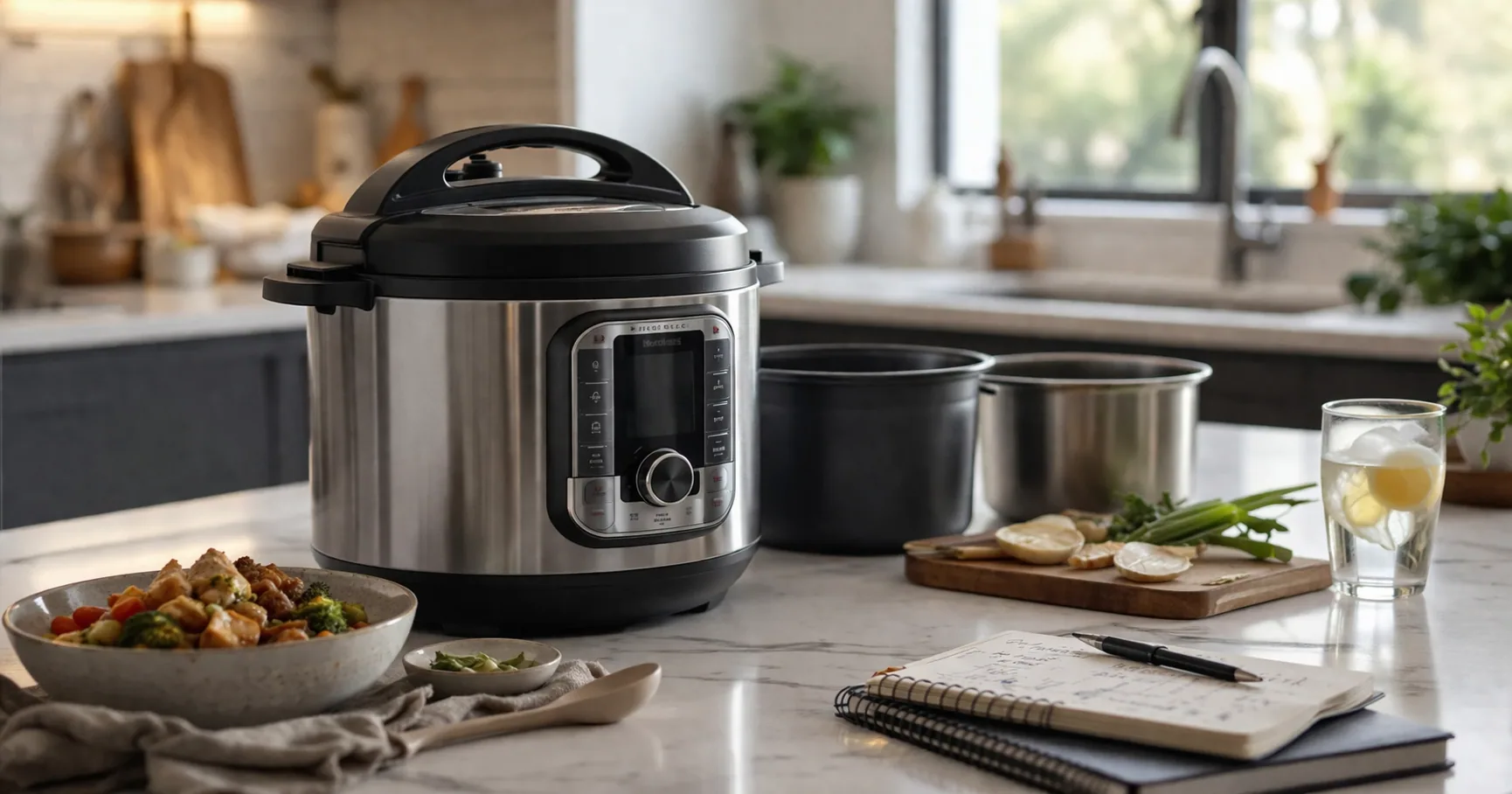 Instant Pot multi-cooker on a kitchen counter with the lid sealed and display lit