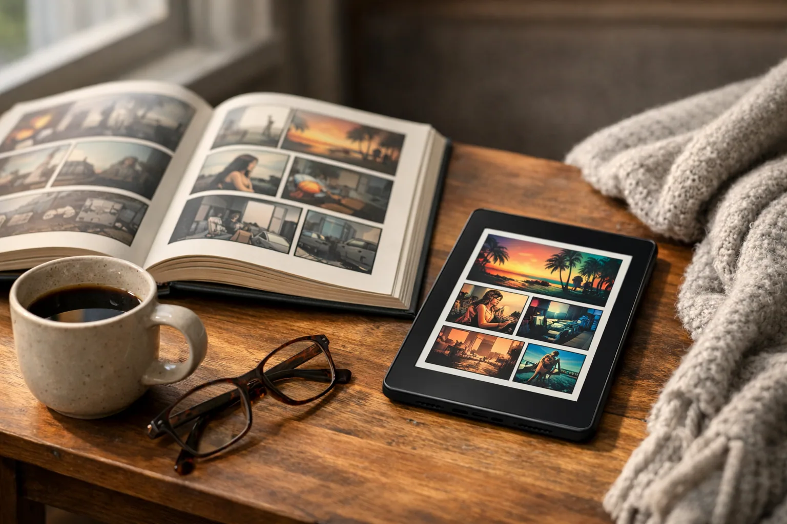 Kindle Colorsoft e-reader showing a color comic book cover next to a black-and-white Kindle on a wooden table