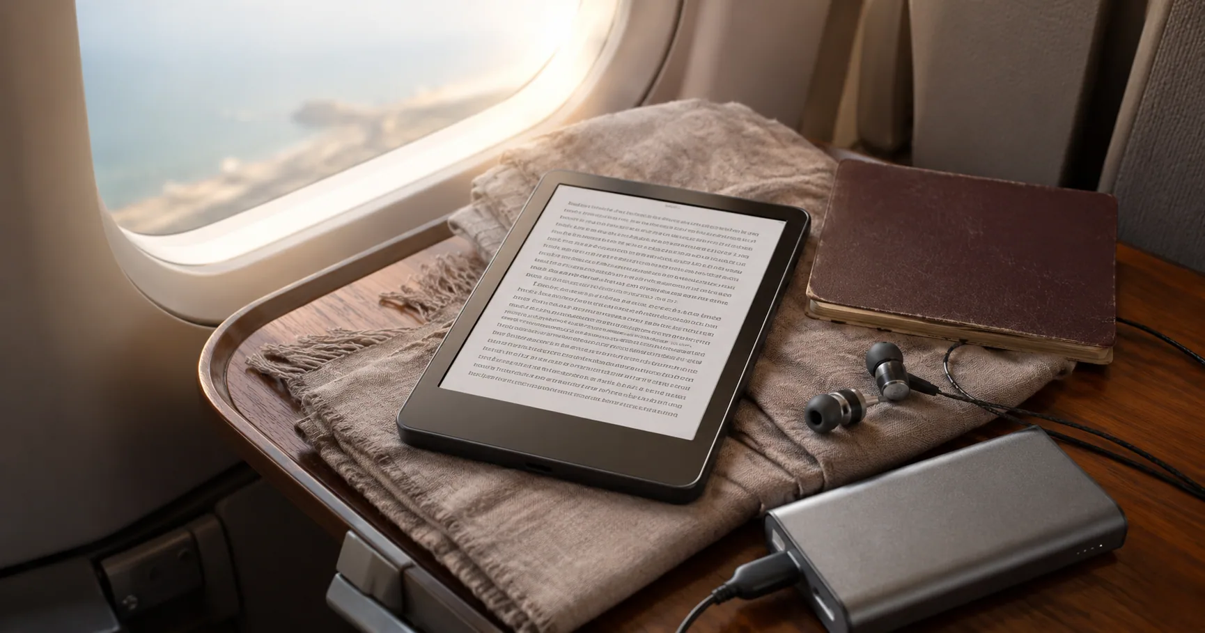 Kindle Paperwhite e-reader on a beach towel beside a passport and sunglasses