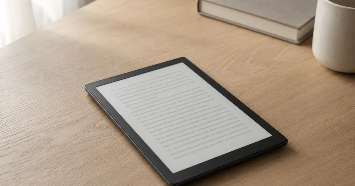 A slim e-ink reader resting face-up on a warm wood desk beside a closed notebook and a plain mug, soft window light