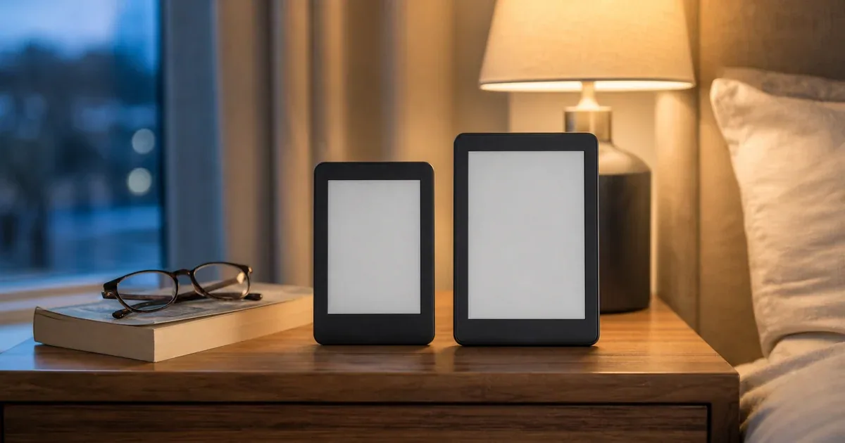 Kindle Paperwhite vs Kindle Basic comparison with two e-readers on a bedside table