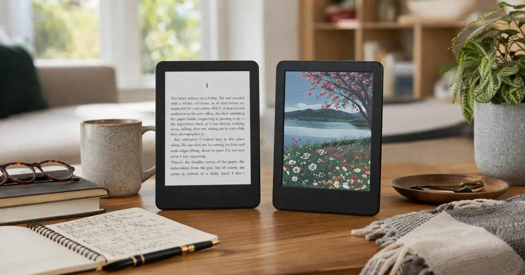 Two Kindle e-readers side by side, one showing text and one showing a color book cover