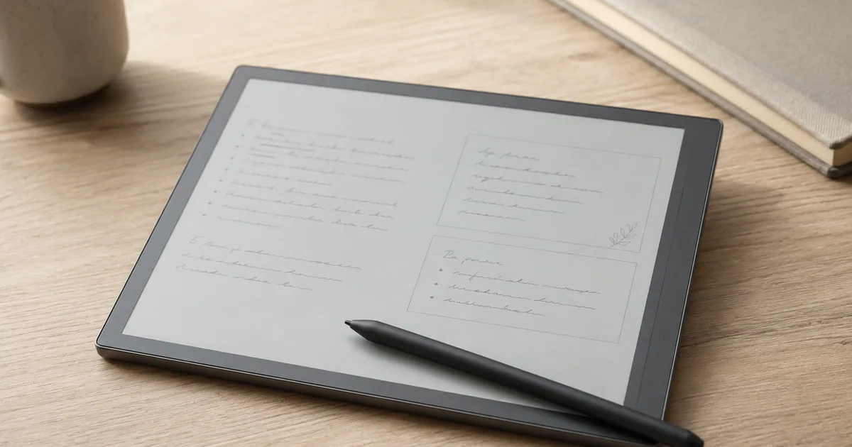 Large e-ink writing tablet with a stylus resting on an open notebook page on a wooden desk