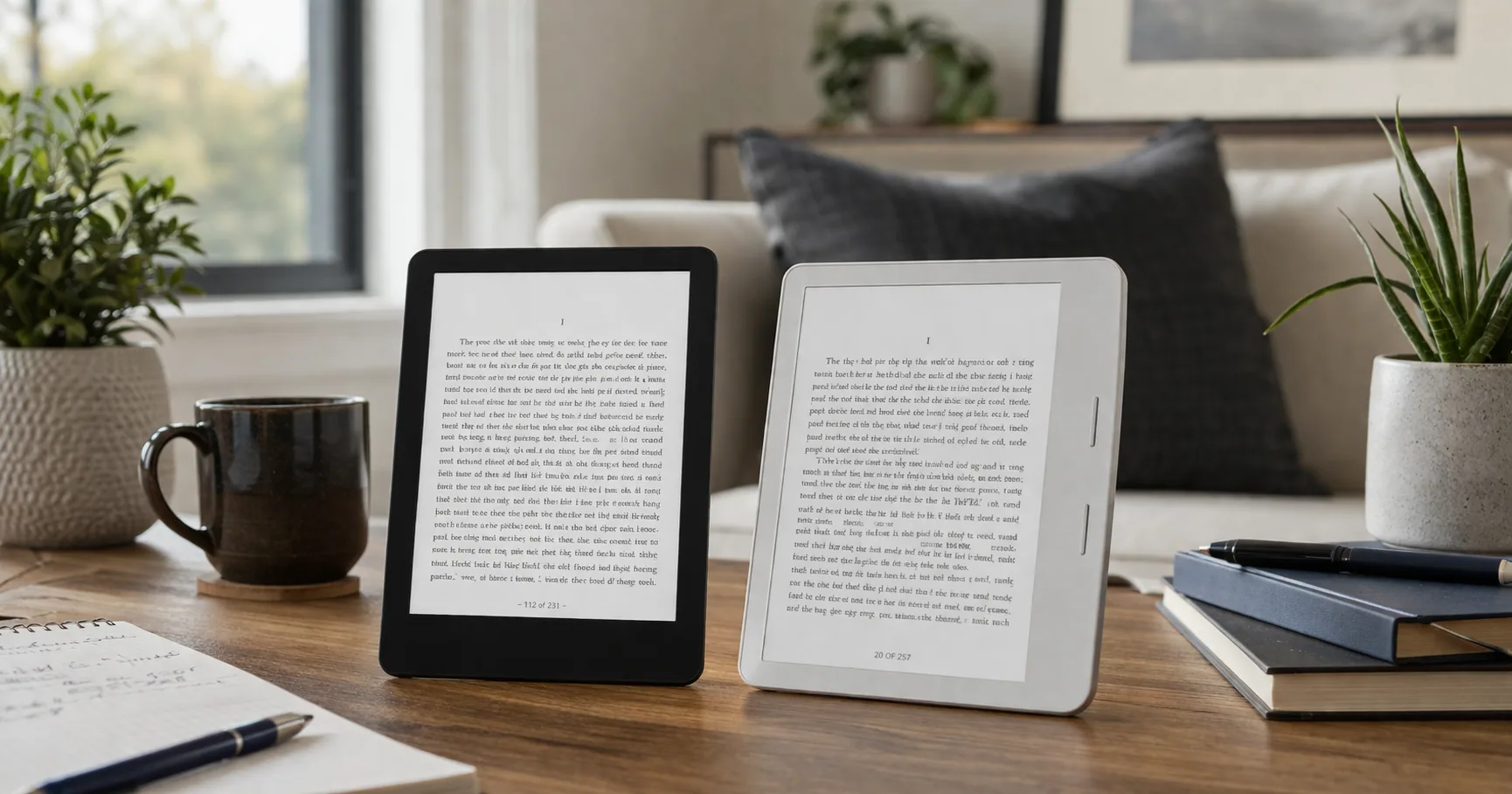 Kindle Paperwhite and Kobo Libra Colour ereaders resting side by side on a wooden table
