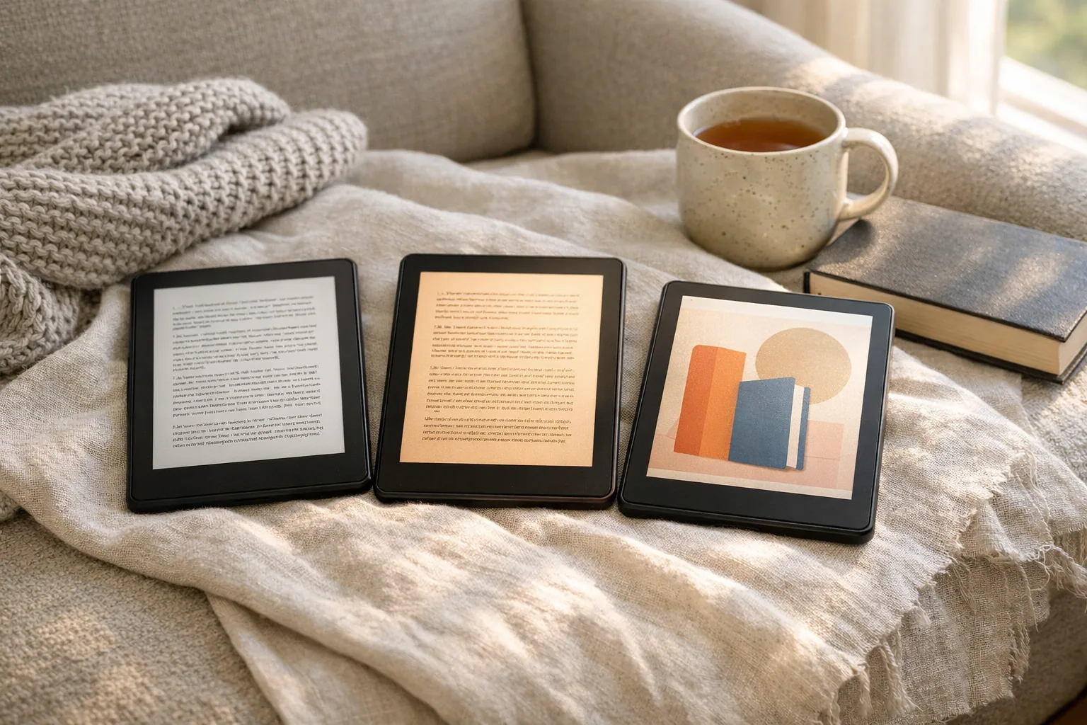 Three Kindle e-readers side by side on a table, the basic Kindle, Paperwhite, and color Colorsoft