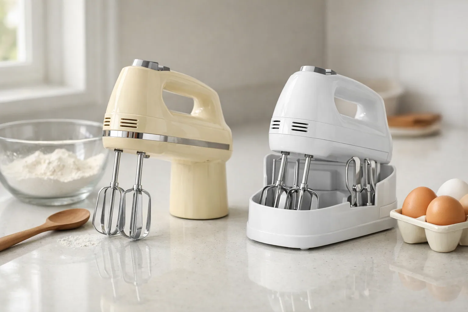 KitchenAid and Hamilton Beach hand mixers side by side on a kitchen counter