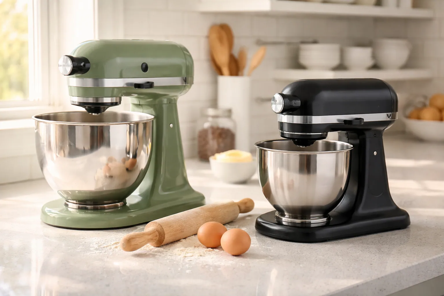 KitchenAid Artisan and Hamilton Beach stand mixers side by side on a kitchen counter