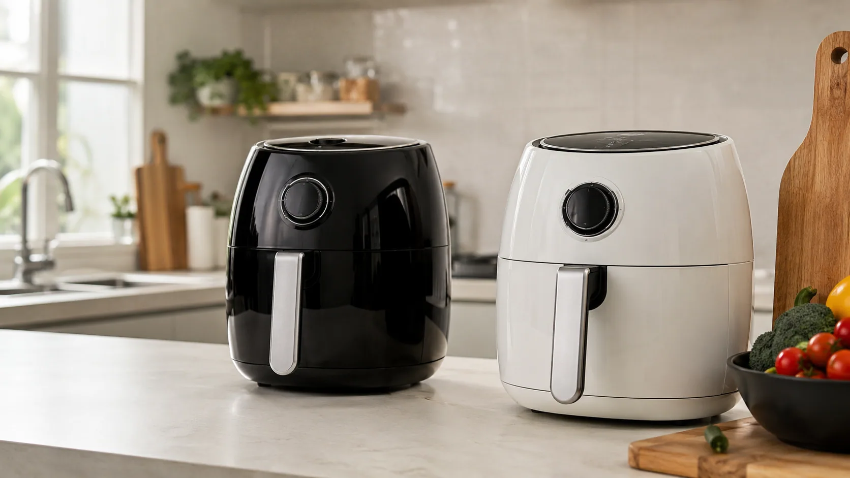 Two compact air fryers side by side on a small kitchen counter near fresh ingredients