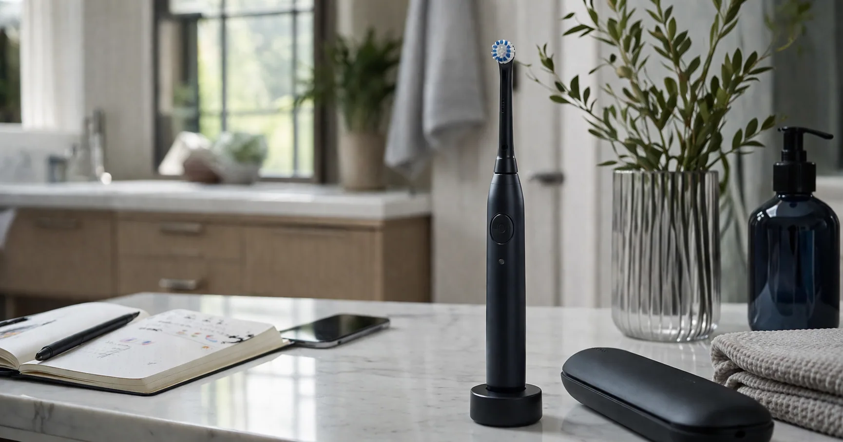 Oral-B iO electric toothbrush standing on a bathroom counter next to its charging case