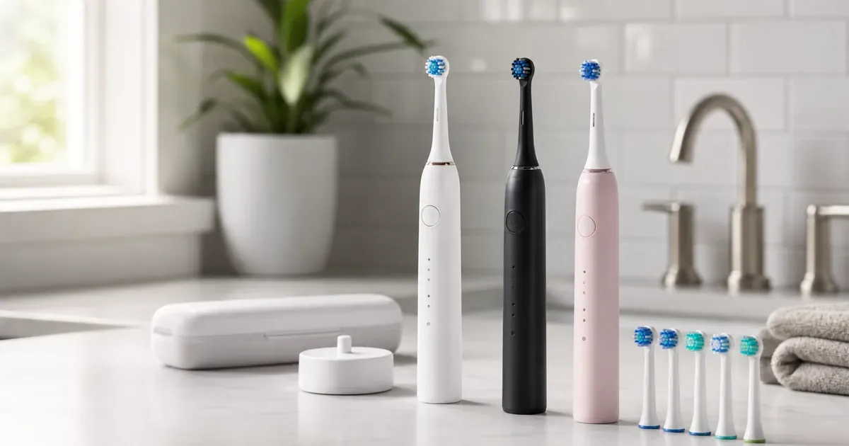 Three generic electric toothbrushes with round brush heads on a bathroom counter