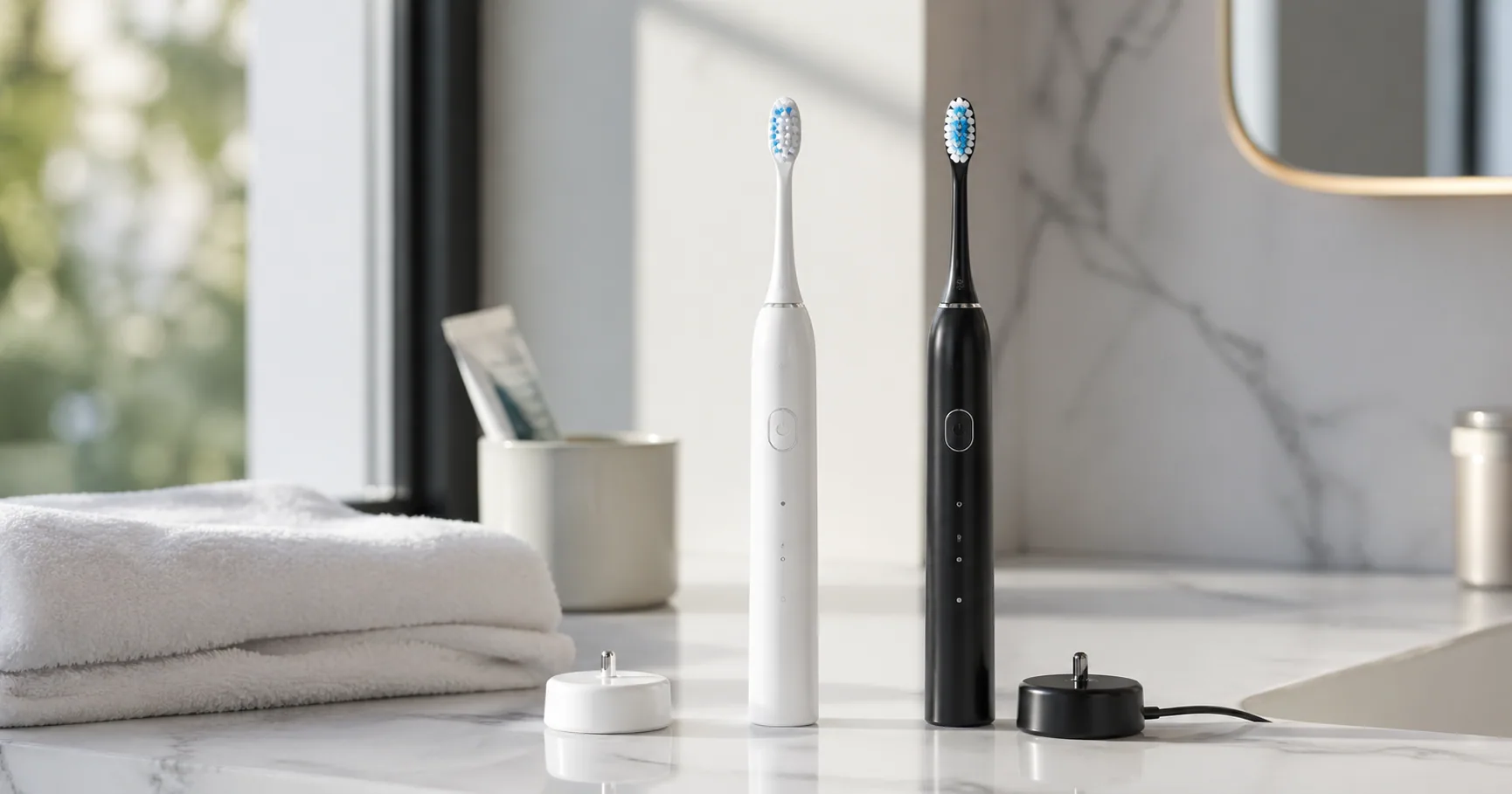Oral-B Pro 1000 and Philips Sonicare 4100 electric toothbrushes on a bathroom counter