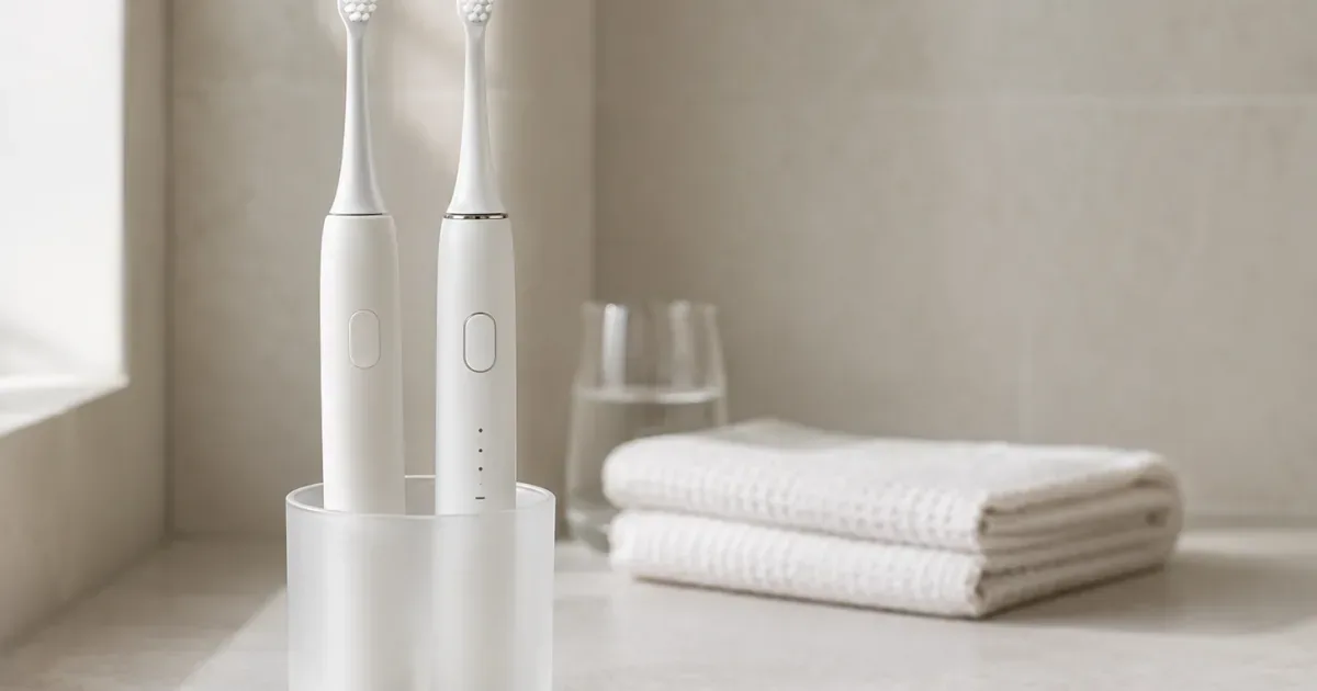 Two Philips Sonicare electric toothbrushes standing side by side on a bathroom counter