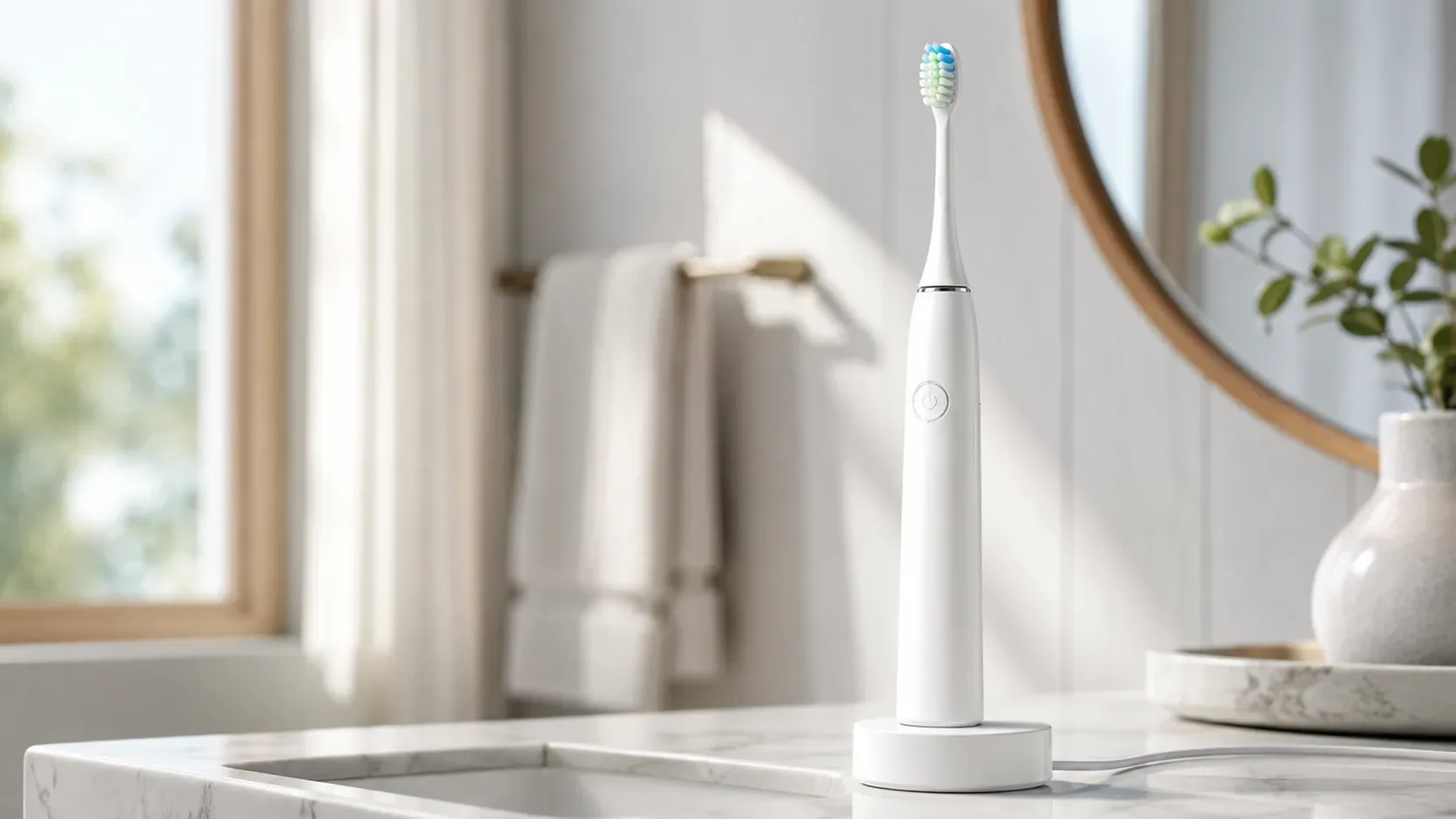 Philips Sonicare 7300 electric toothbrush in its charging stand on a bathroom counter