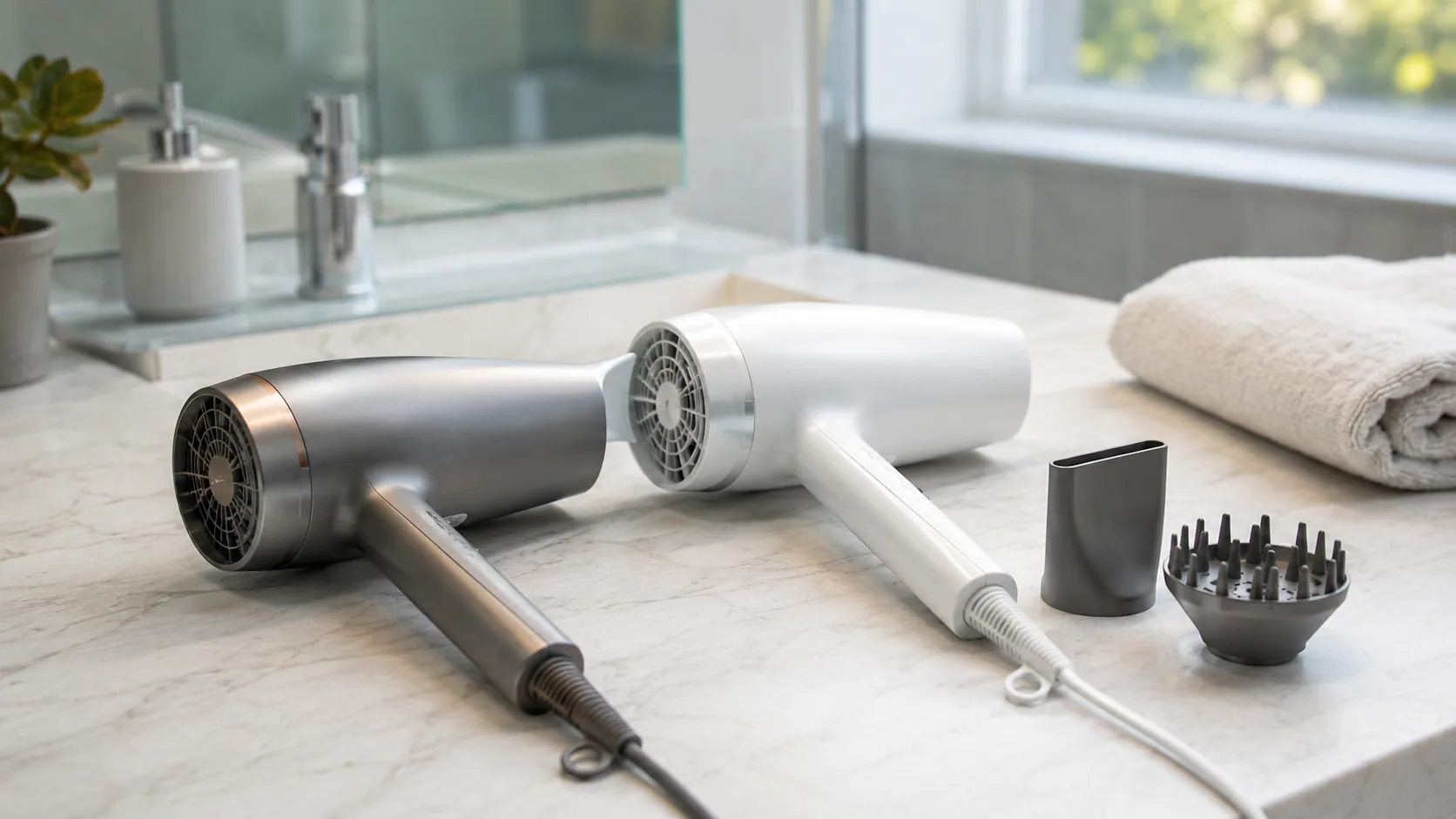 Two ionic hair dryers placed side by side on a bathroom counter with nozzle attachments