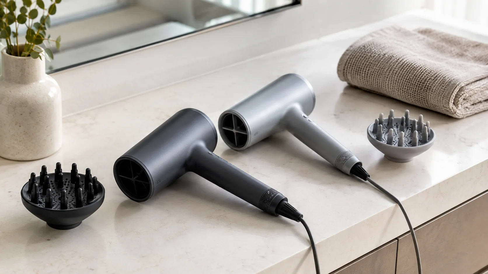 Two hair dryers with diffuser attachments displayed side by side on a bathroom counter