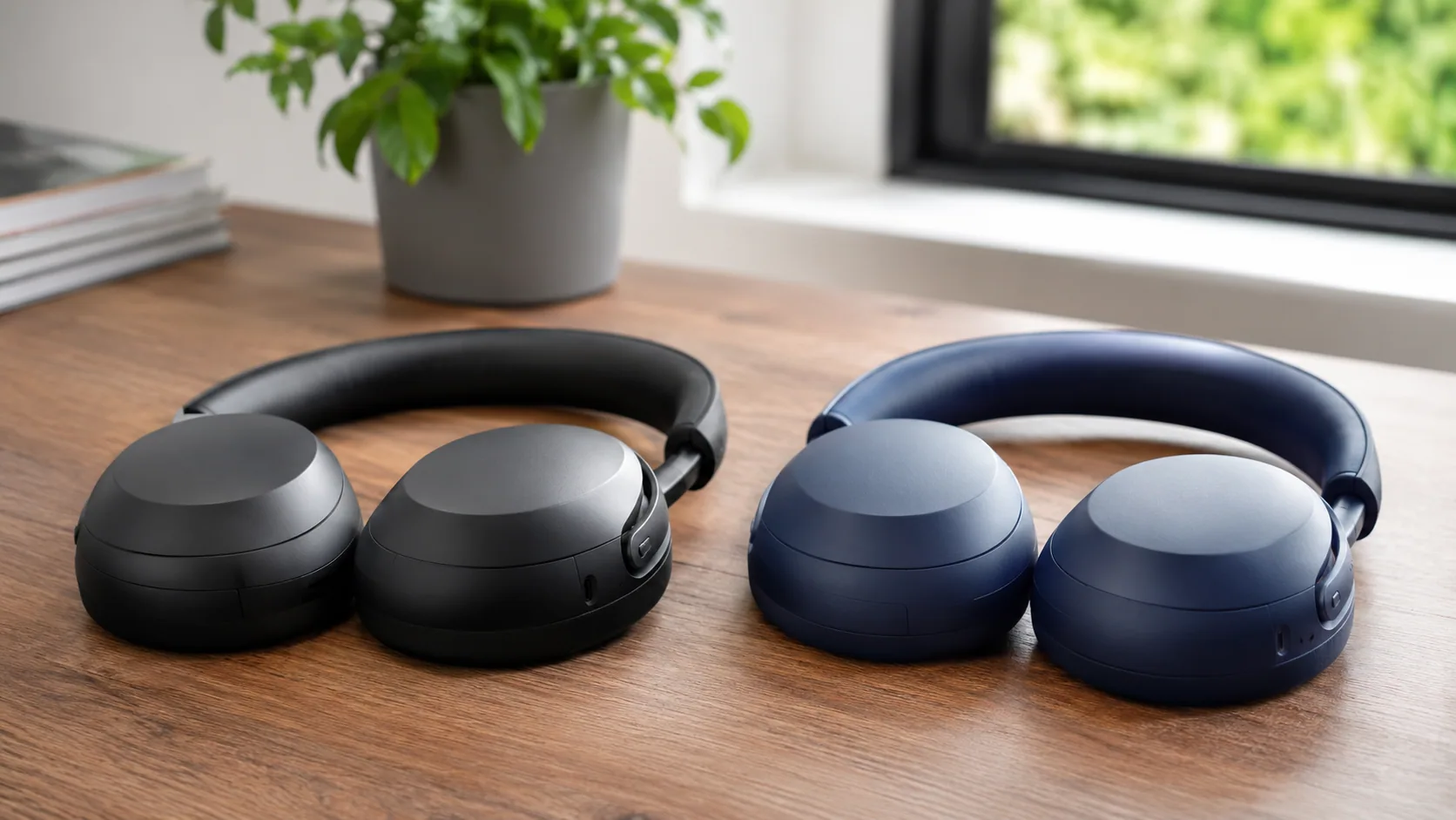 Two budget over-ear noise cancelling headphones placed side by side on a desk in soft light