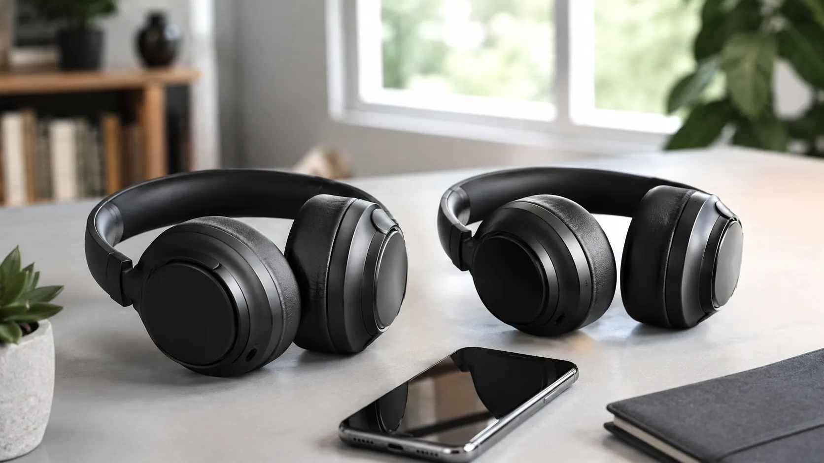 Two similar over-ear noise cancelling headphones side by side on a desk near a phone