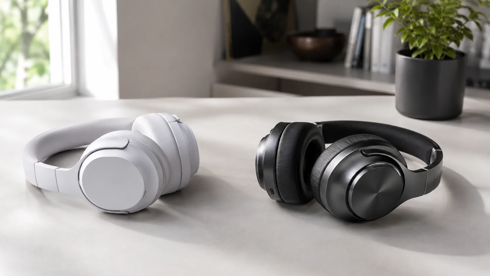 A budget and a premium over-ear headphone displayed side by side on a desk in daylight