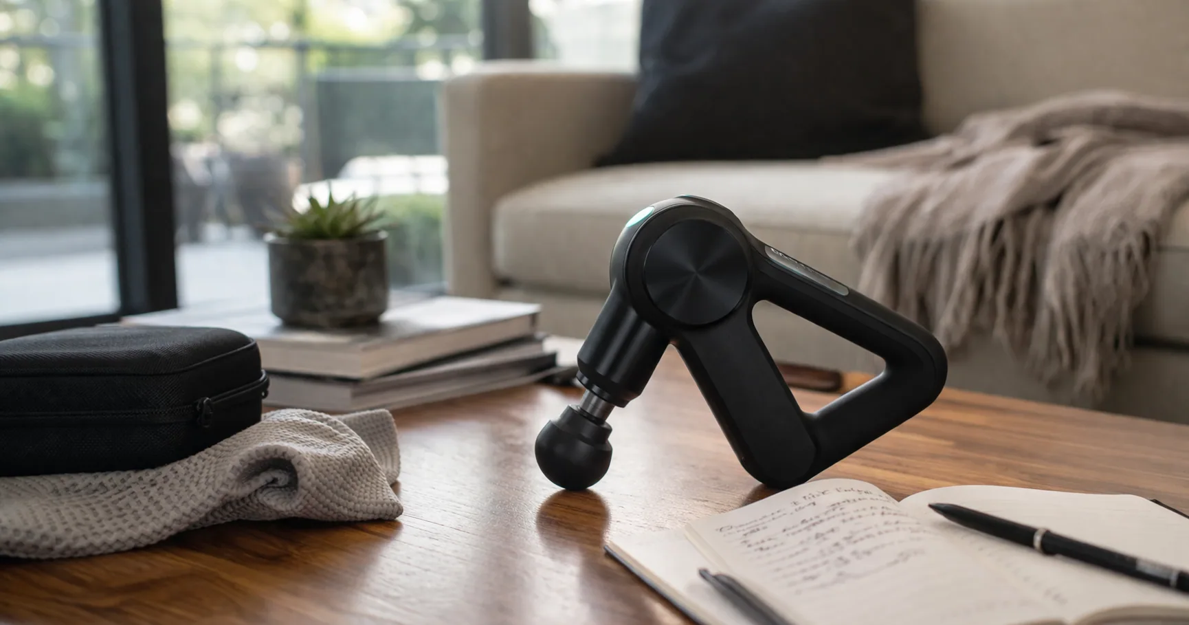 Theragun percussion massage gun resting on a gym mat with attachments