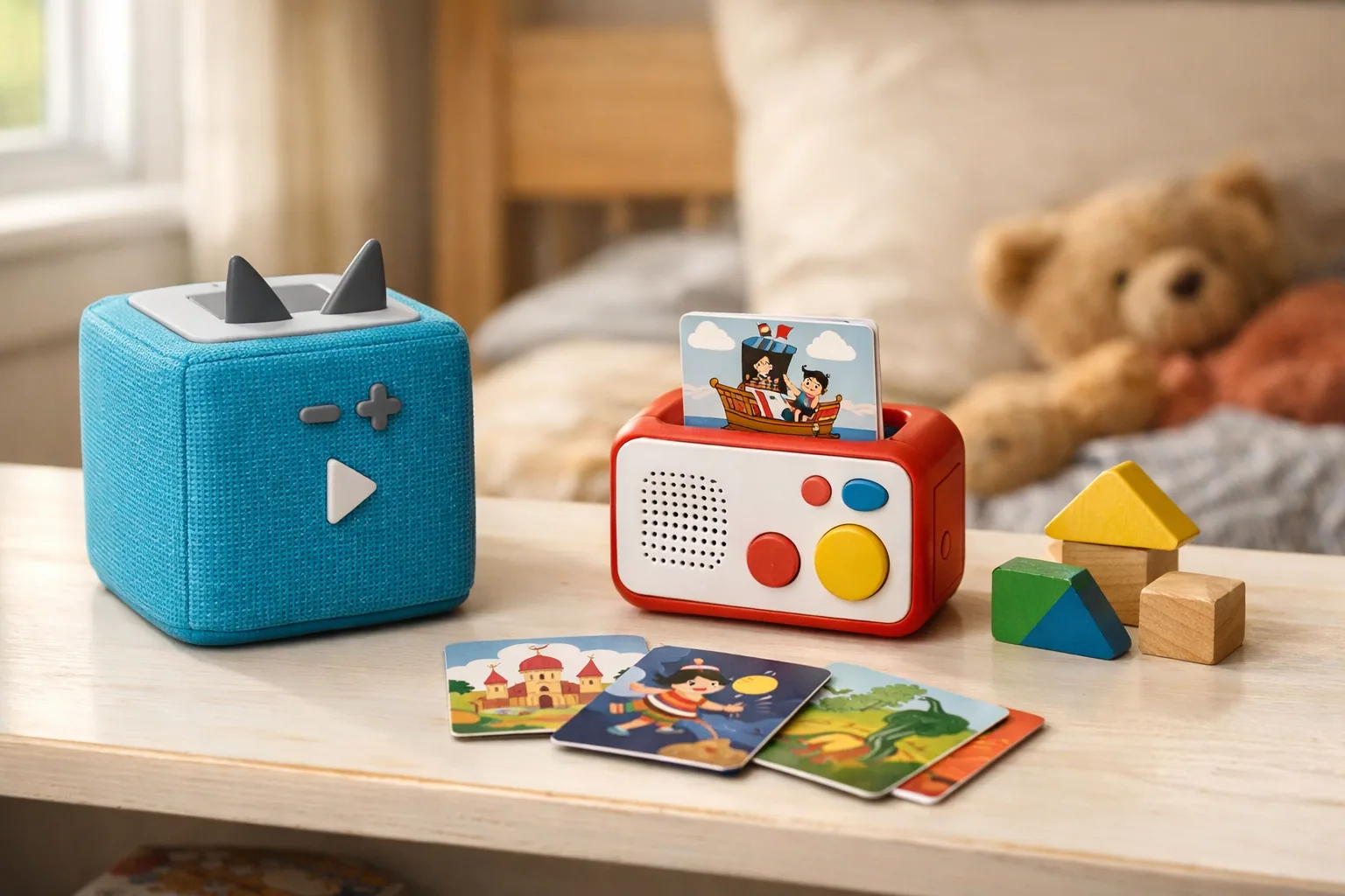 Two screen-free kids audio players side by side on a playroom shelf with cards and figurines