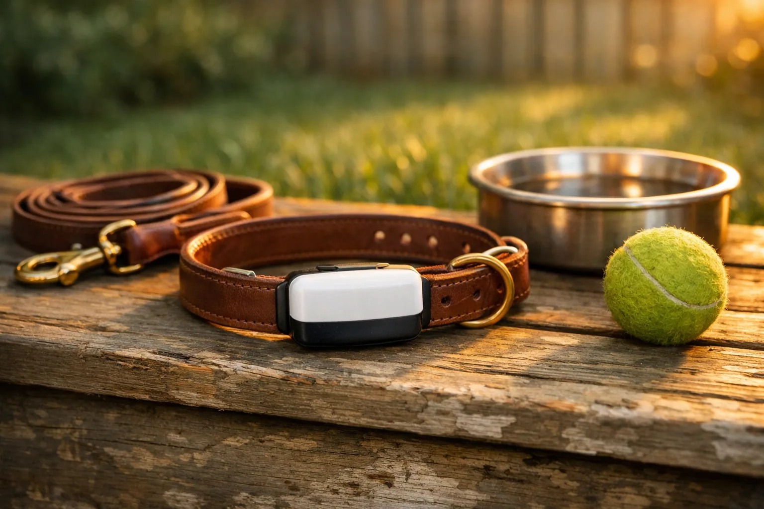 Tractive XL GPS tracker clipped to a large dog's collar in a field with the tracking app open on a phone