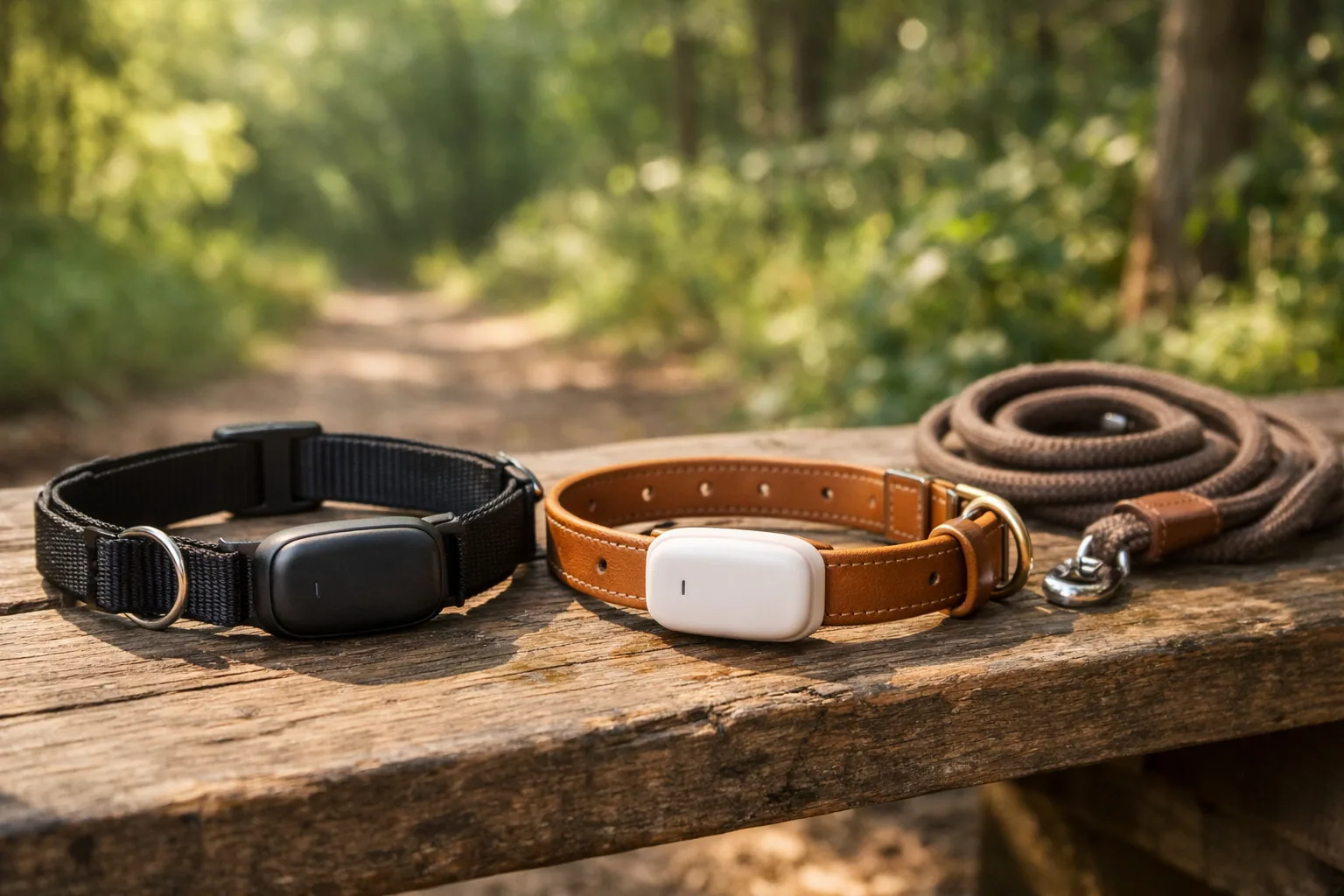 Tractive and Fi dog GPS trackers shown on dog collars side by side