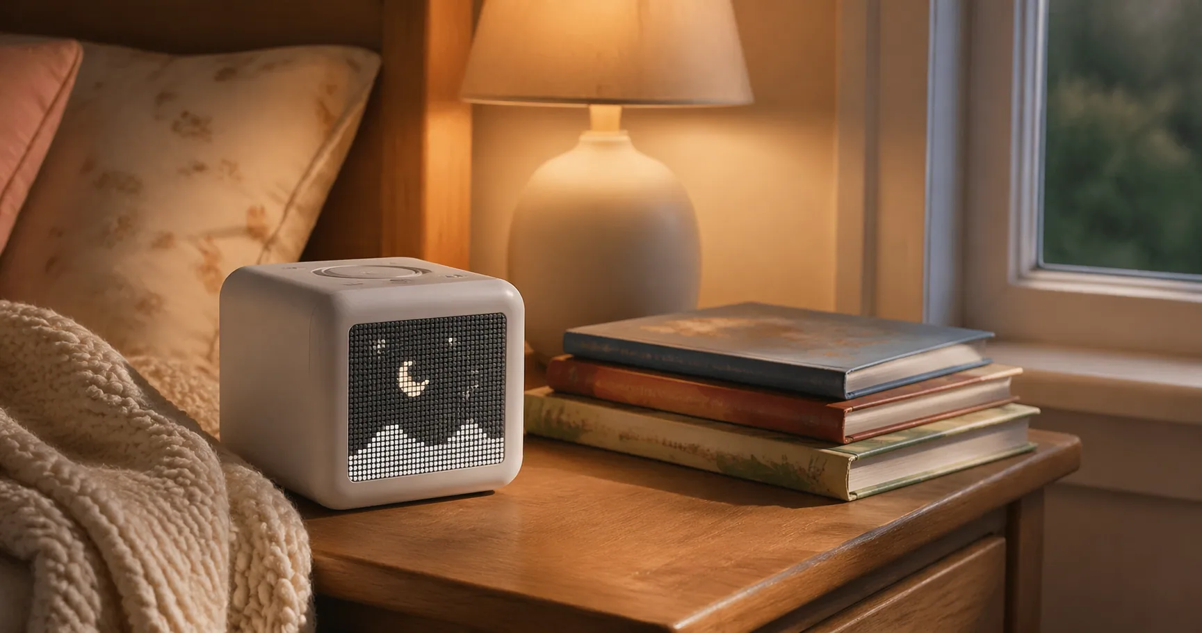 Yoto Player audio cube on a child's nightstand with a story card slotted in the top
