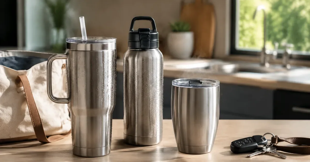 Stanley Quencher, Owala FreeSip and YETI Rambler insulated cups side by side on a kitchen counter