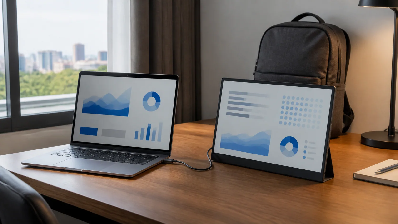 Laptop and slim portable monitor connected by USB-C on a compact travel desk