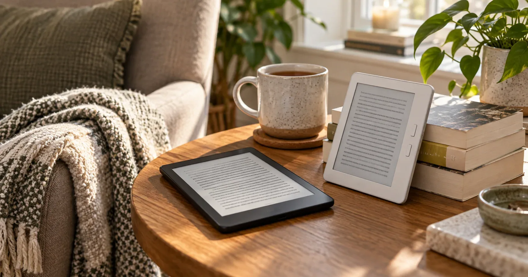 Two e-readers on a wooden side table next to paperback books and a mug of tea