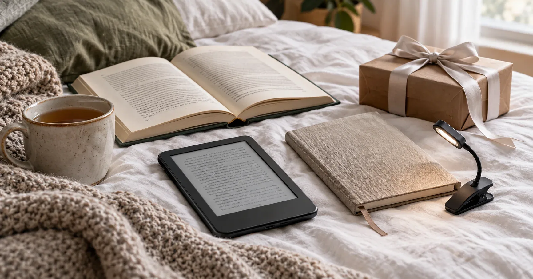 E-reader, clip-on book light, hardcover book, journal, and small gift box on a cozy bed