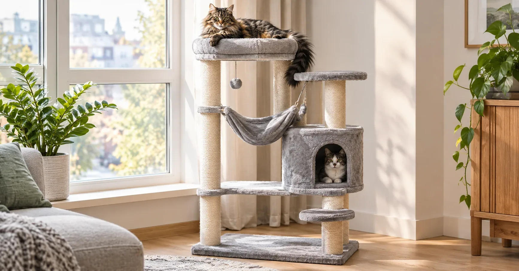 Tall plush cat tree with sisal posts and a hammock by a sunny window, with two cats on it