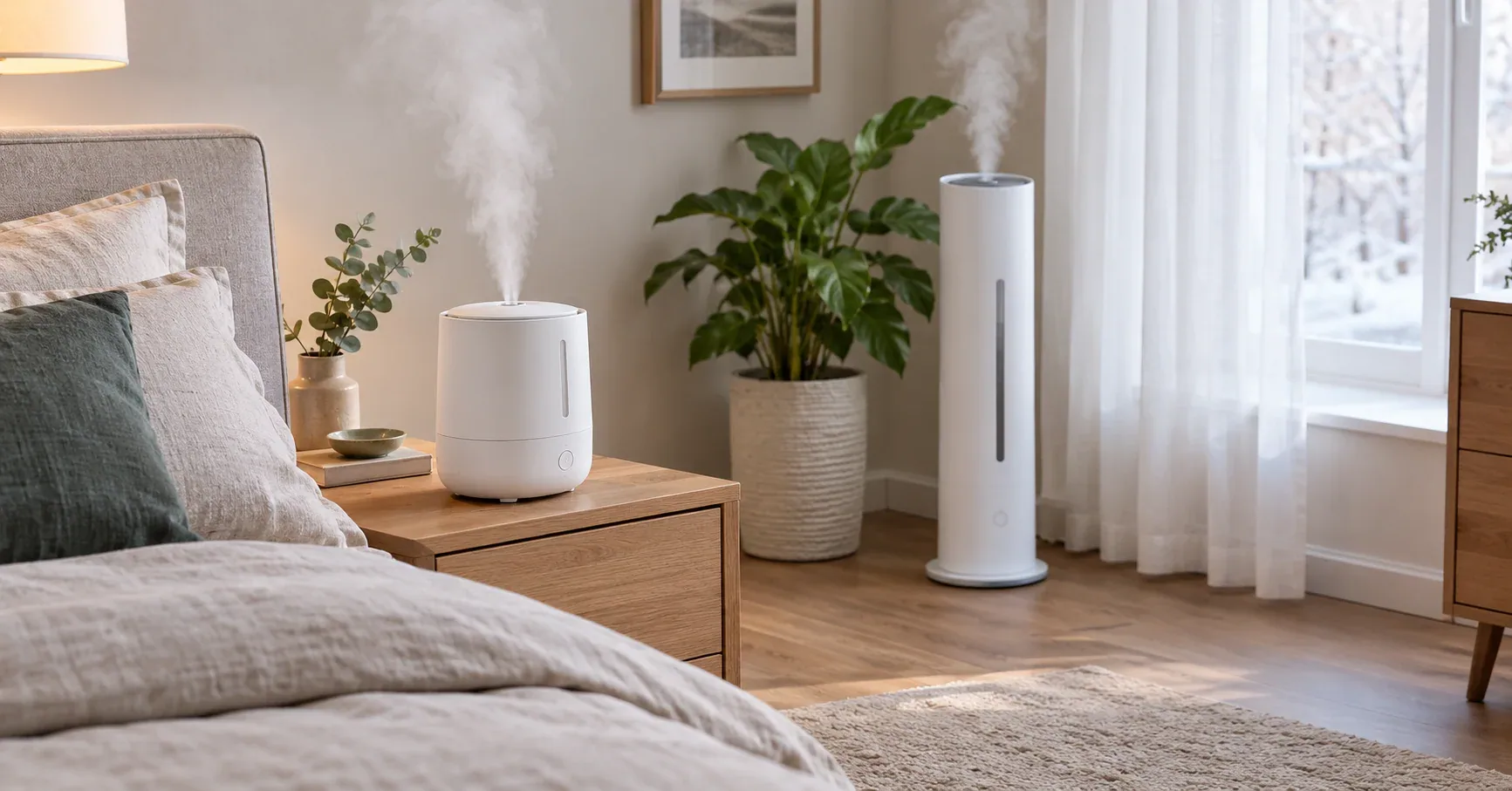 Compact cool mist humidifier on a bedroom nightstand and a tall tower humidifier near a houseplant