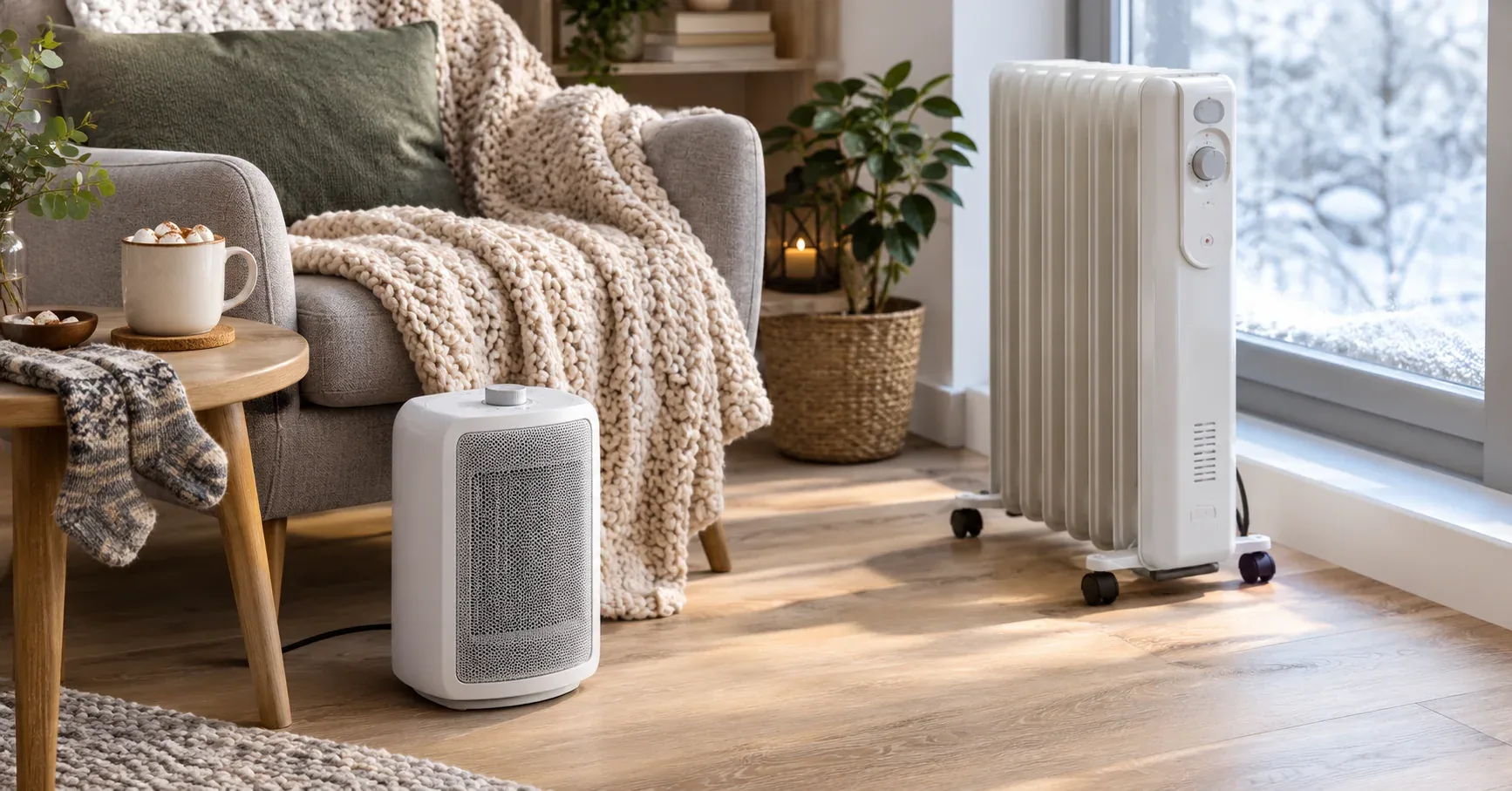 Compact ceramic space heater and oil-filled radiator in a cozy living room on a winter day